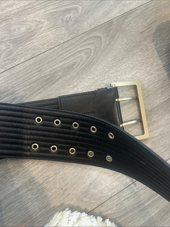 All Saints Black Ribbed Wide Leather Belt with Silver Buckle Sz L